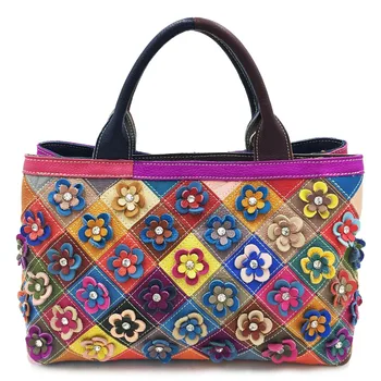 2020 Дамски кожени чанти в Ретро стил с цветен модел, женствена чанта от телешка кожа, чанти за носене в ръка и на рамо, косите чанти