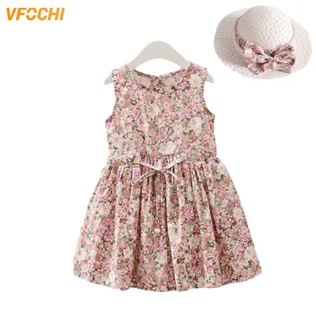 VFOCHI/Нови рокли за момичета с Шапка, Лятна Детски Дрехи, Модни Детски Рокли без Ръкави с Цветен Принтом, Празнична Рокля за Момичета