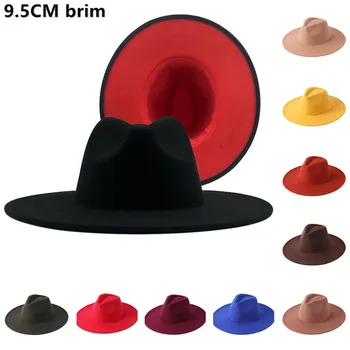 Зимна мода вълнена черна ЧЕРВЕНА Фетровая шапка, дамски шапка-цилиндър, мъжка шапка, проста шапка с широка периферия, есенна мода джаз шапка