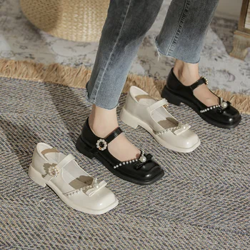 Красивата поп-обувки Mary Jane; дамски есенни обувки с дебела подметка в стил колеж; малки тънки фини кожени обувки в стил ретро