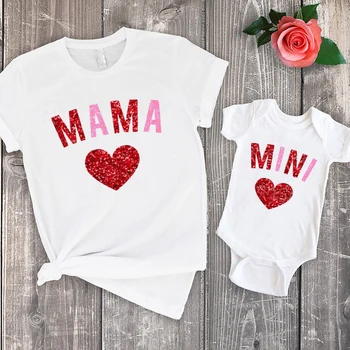 Розови едни и Същи мини-ризи за мама, Подаръци за деца в Деня на Св. Валентин, Ризи за майки и дъщери, Еднакви комплекти, Тениски 