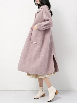 Хепбърн, извън сезона, новост зимата, висококачествено, модерно лилава двустранно твидовое палто до коляно, женско палто кашемировое